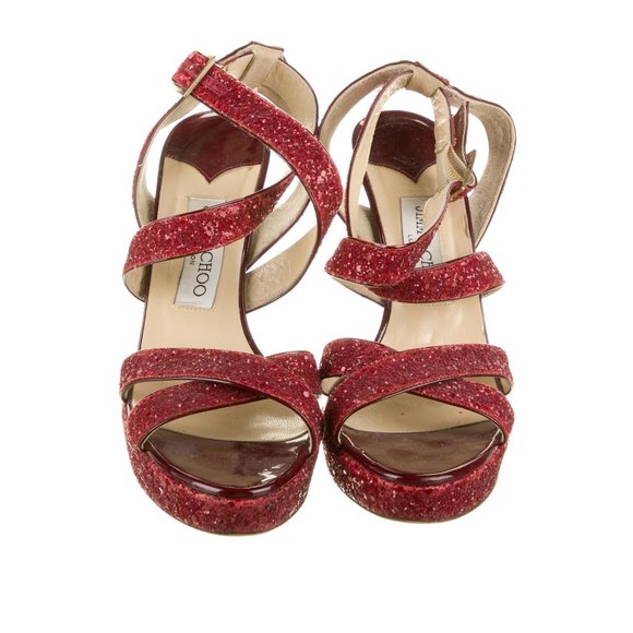 ๐ JIMMY CHOO Strappy Red Glitter Sandals Heels - Picture 3 of 6
